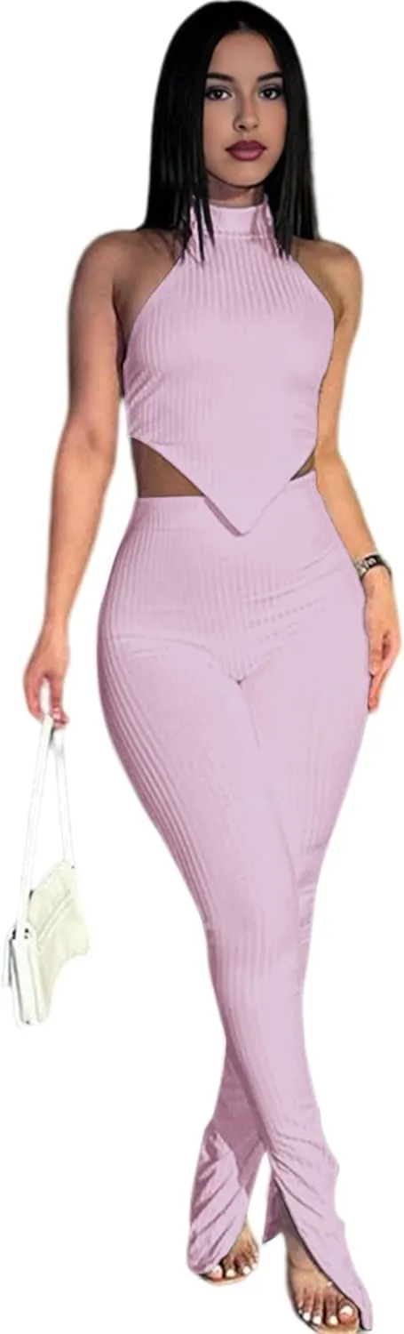 Ekaliy Two Piece Outfits for Women Sleeveless Crop Top Ribbed High Waist Long Pants Sets Party Jumpsuits Clubwear