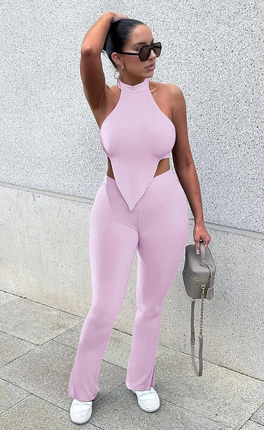 Ekaliy Two Piece Outfits for Women Sleeveless Crop Top Ribbed High Waist Long Pants Sets Party Jumpsuits Clubwear