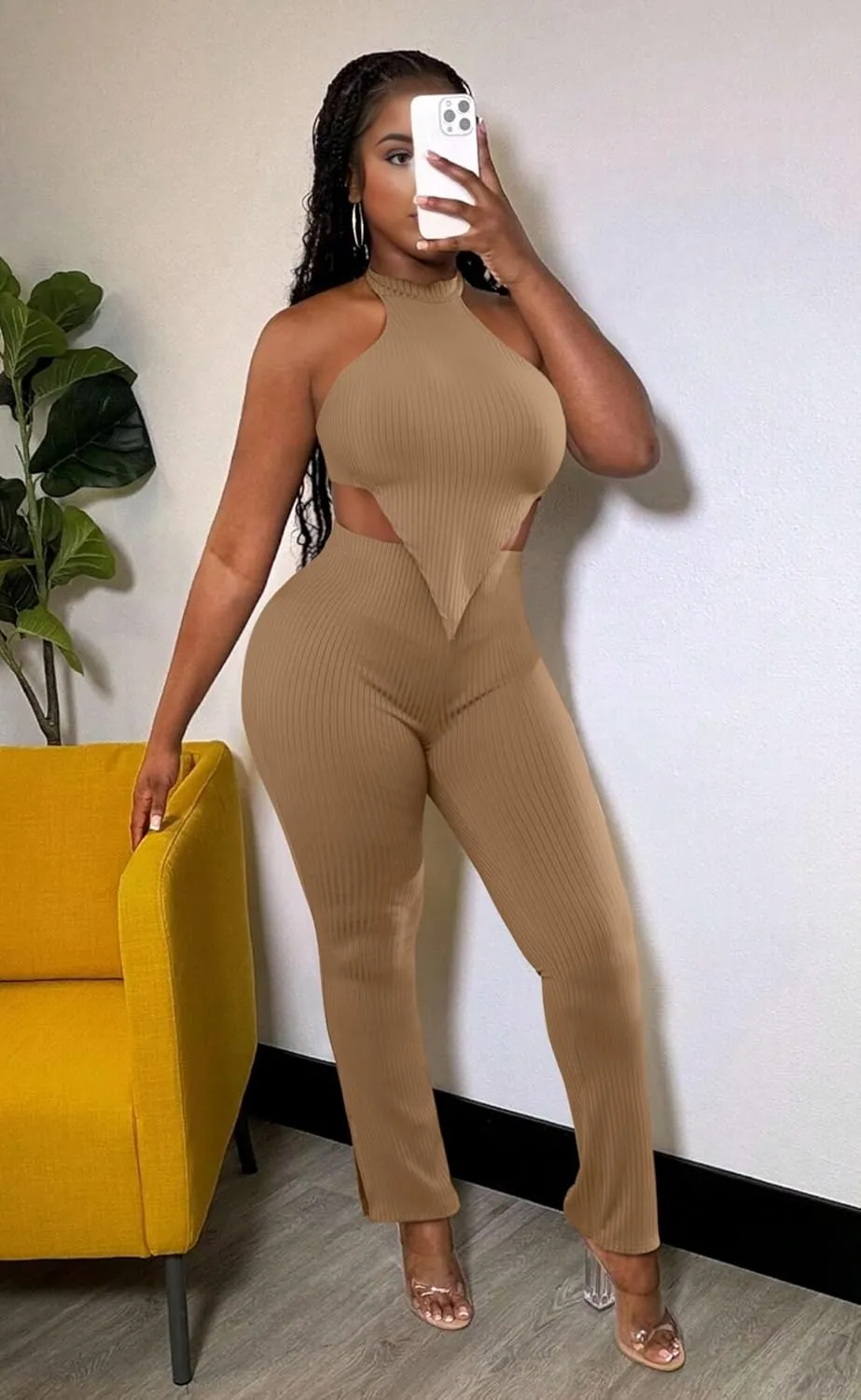 Ekaliy Two Piece Outfits for Women Sleeveless Crop Top Ribbed High Waist Long Pants Sets Party Jumpsuits Clubwear