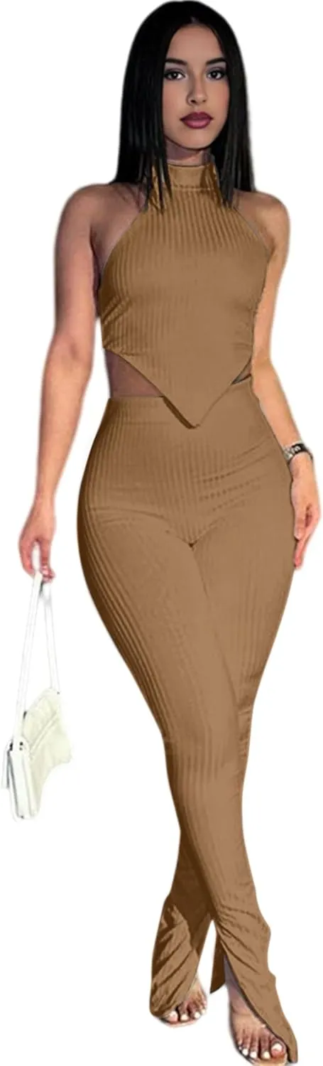 Ekaliy Two Piece Outfits for Women Sleeveless Crop Top Ribbed High Waist Long Pants Sets Party Jumpsuits Clubwear