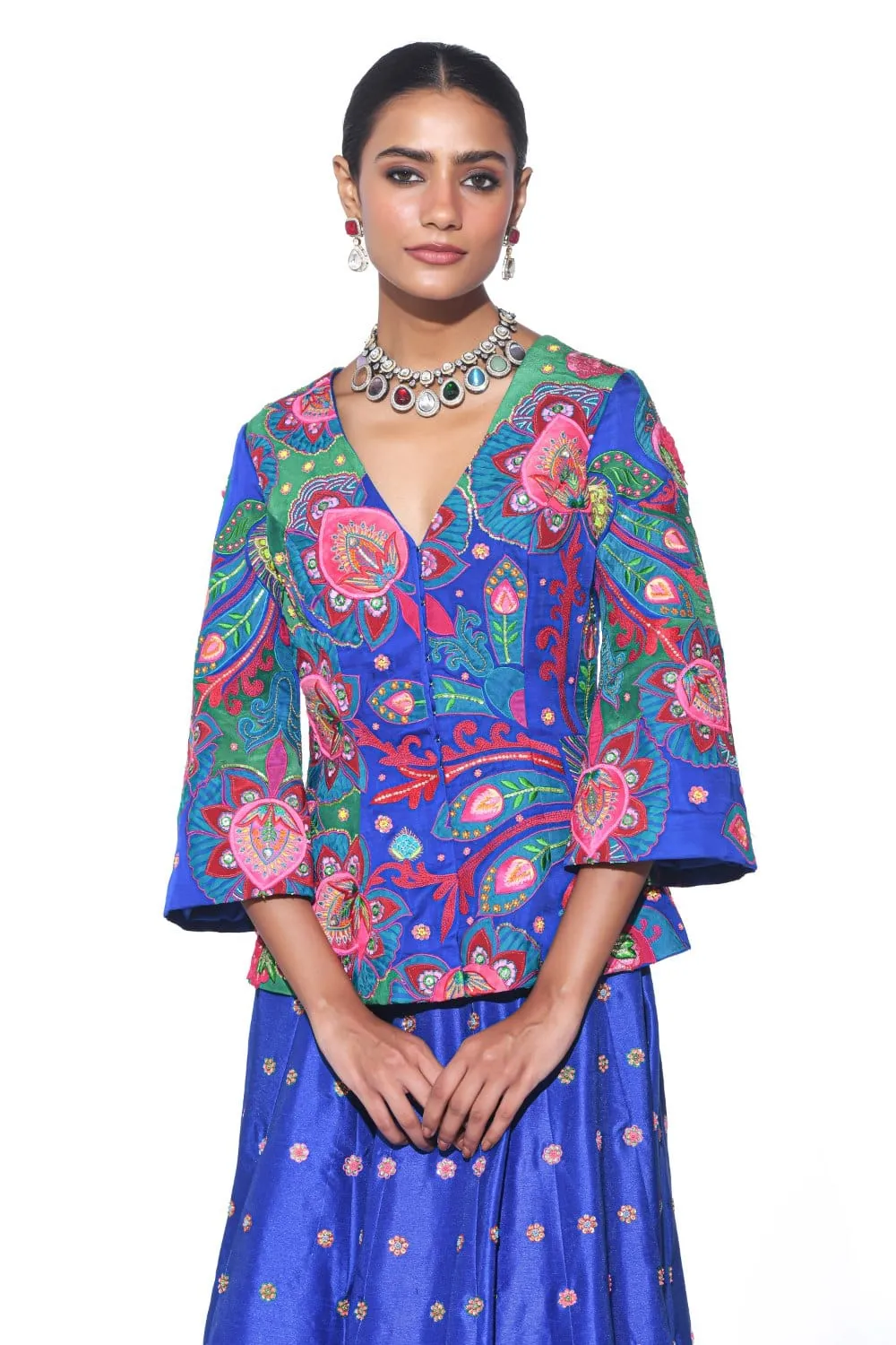 Electric Blue Embroideered Peplum Top , Lehenga Set