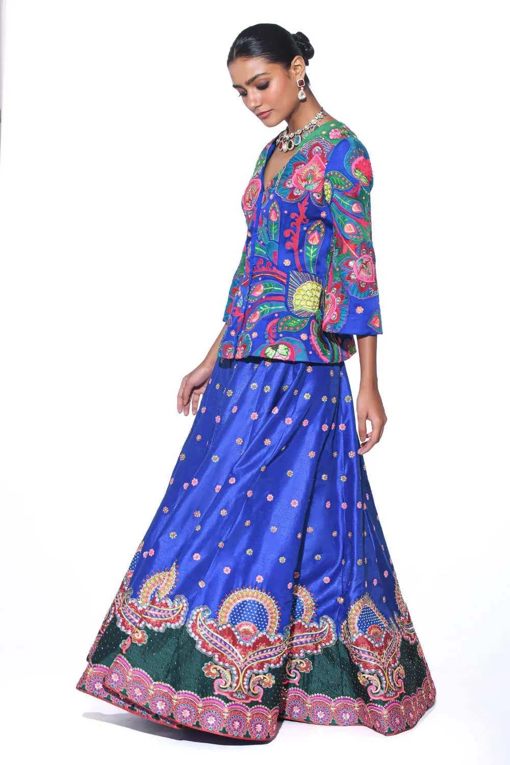 Electric Blue Embroideered Peplum Top , Lehenga Set