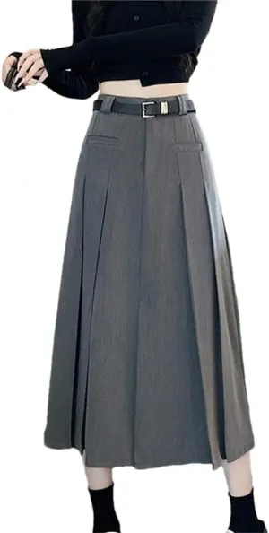 Elegant Pleated Skirts Women Autumn High Waist A-Line Midi Skirt Suit Long Skirts