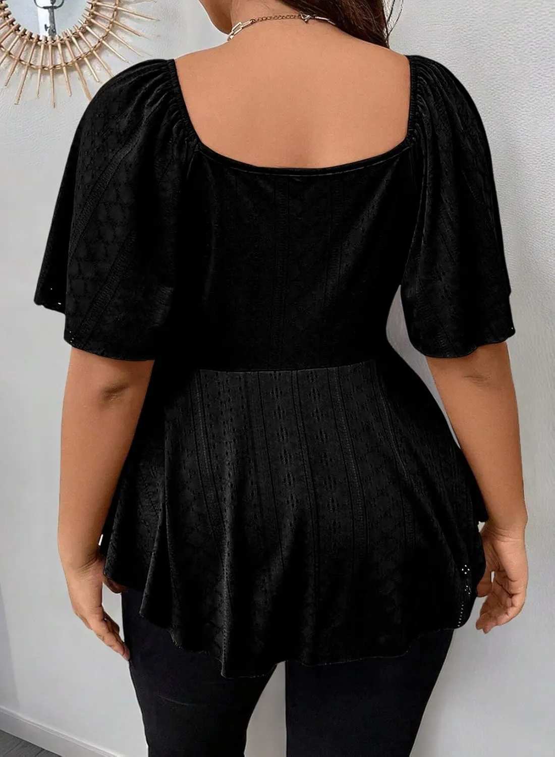 Eytino Womens Plus Size Tops Twist Front V Neck Short Sleeve Eyelet Embroidery Summer Loose Blouse Shirts(1X-5X)