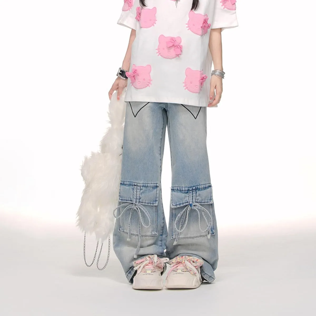 Fashion High Waist Baggy Jeans Y2K Heart Pattern Tie Cargo Pockets Casual Straight Leg Wide Leg Denim Pants