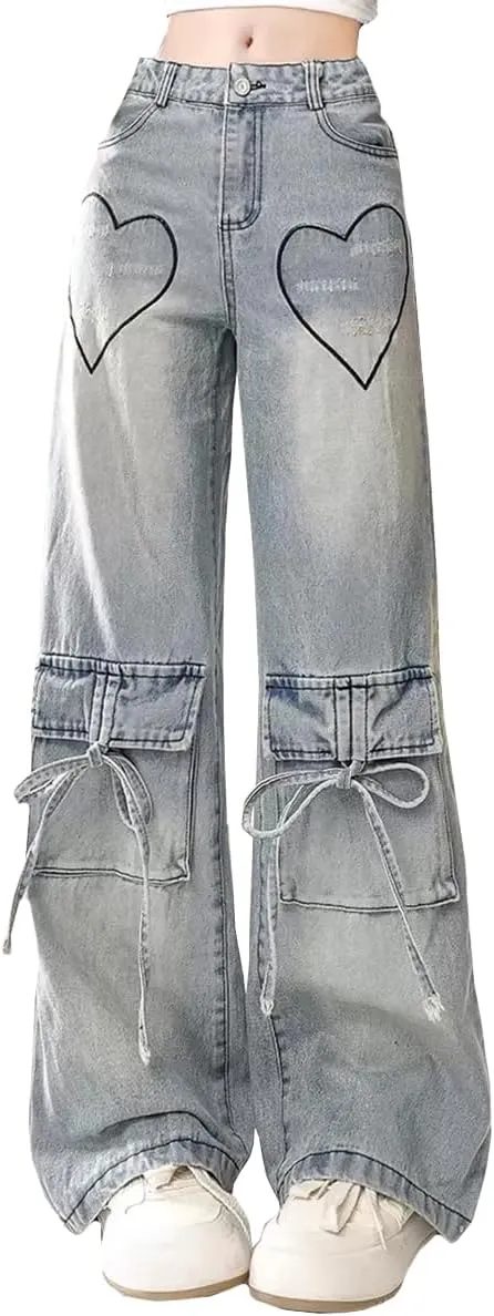 Fashion High Waist Baggy Jeans Y2K Heart Pattern Tie Cargo Pockets Casual Straight Leg Wide Leg Denim Pants