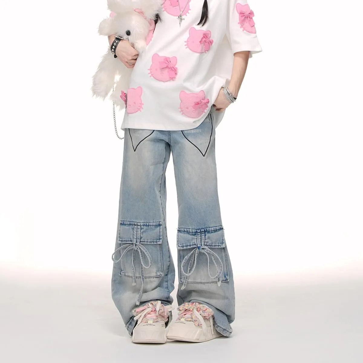 Fashion High Waist Baggy Jeans Y2K Heart Pattern Tie Cargo Pockets Casual Straight Leg Wide Leg Denim Pants