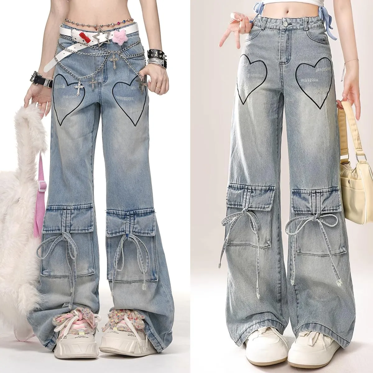 Fashion High Waist Baggy Jeans Y2K Heart Pattern Tie Cargo Pockets Casual Straight Leg Wide Leg Denim Pants