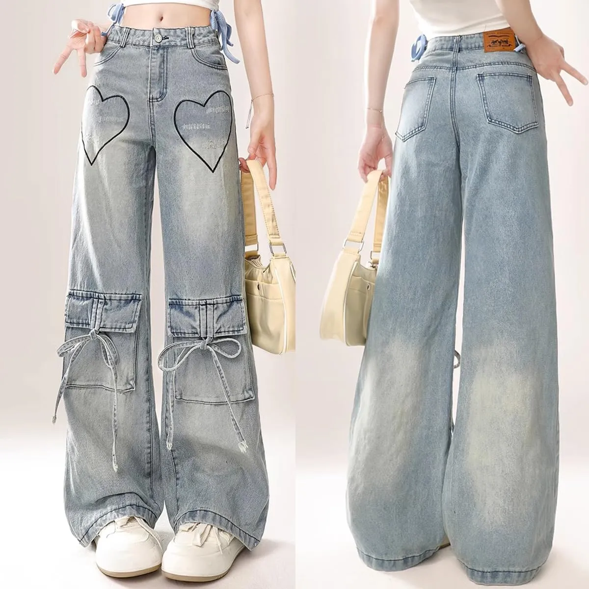 Fashion High Waist Baggy Jeans Y2K Heart Pattern Tie Cargo Pockets Casual Straight Leg Wide Leg Denim Pants