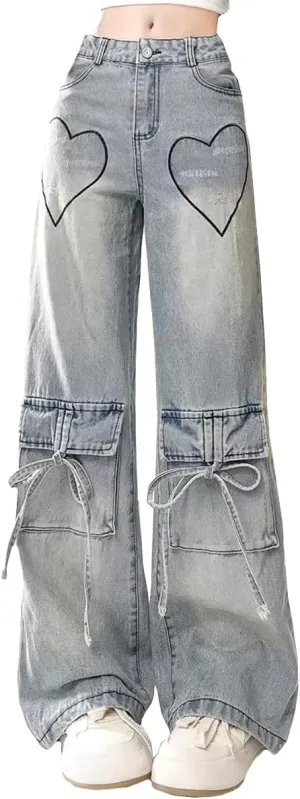 Fashion High Waist Baggy Jeans Y2K Heart Pattern Tie Cargo Pockets Casual Straight Leg Wide Leg Denim Pants