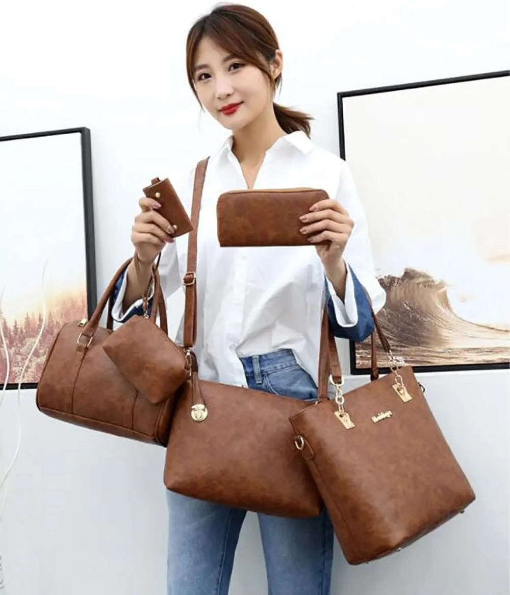 Fashion Shouler Bag 6 Pcs Set Pu Leather Women Tote Handbag Crossbody Bag Satchel Clutch Purses With Large Capacity