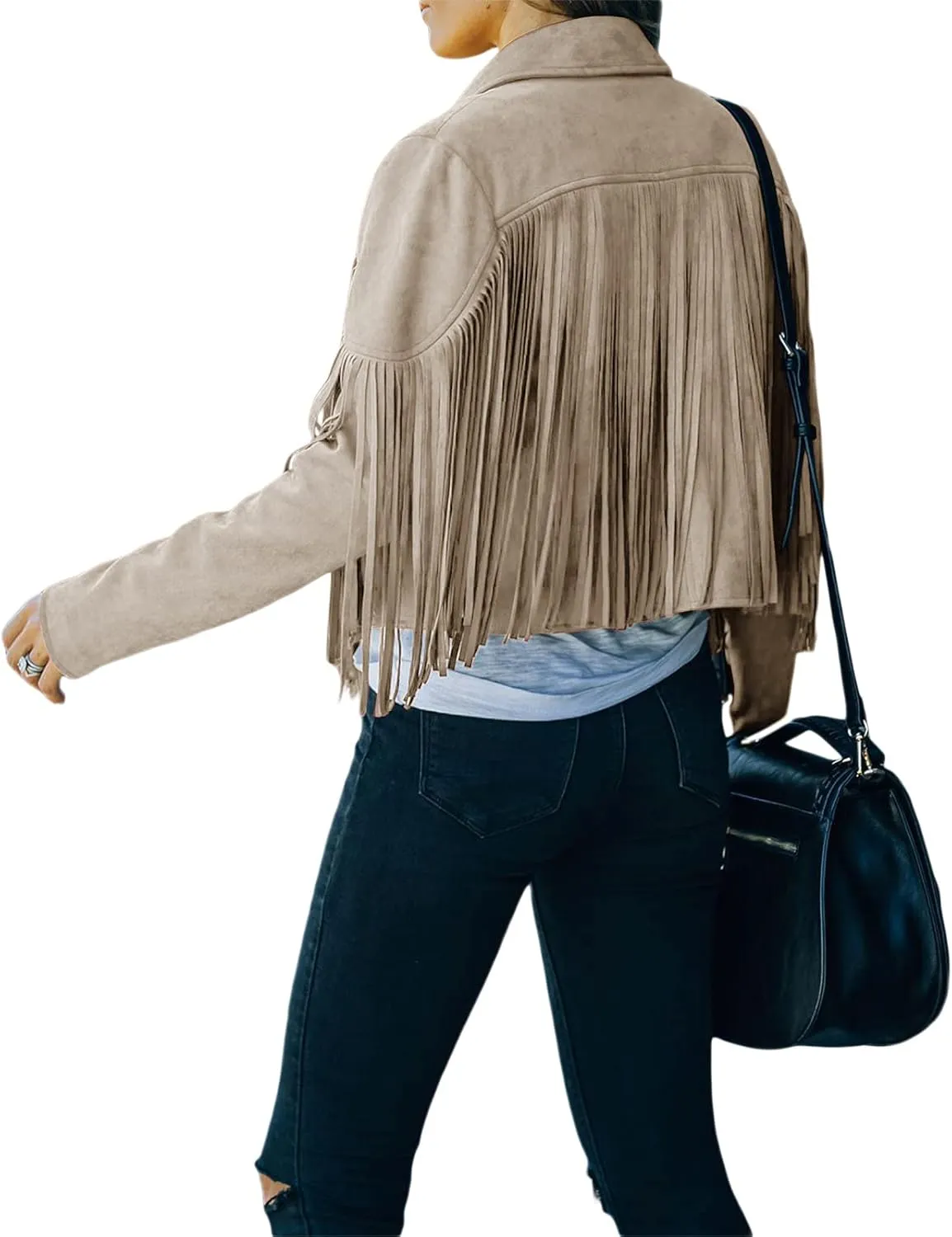 Faux Suede Tassel Jacket Womens Vintage Lapel Long Sleeve Fringe Cropped Cardigan Outwears