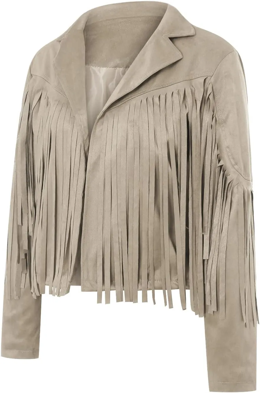 Faux Suede Tassel Jacket Womens Vintage Lapel Long Sleeve Fringe Cropped Cardigan Outwears