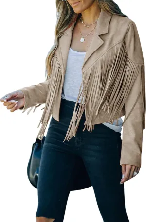 Faux Suede Tassel Jacket Womens Vintage Lapel Long Sleeve Fringe Cropped Cardigan Outwears