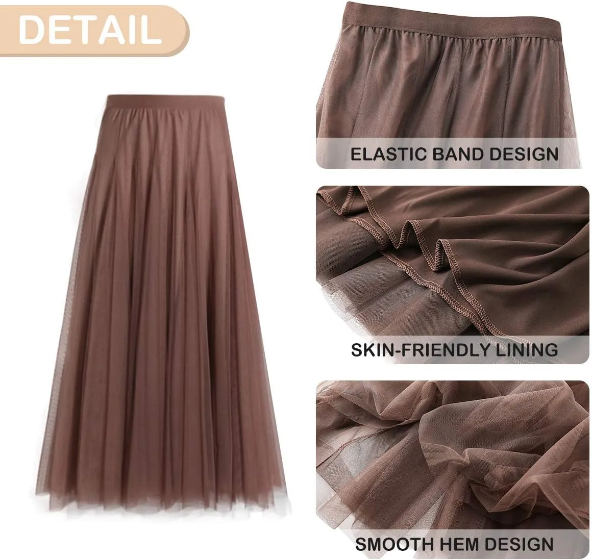 FEOYA Women Tutu Tulle Skirt A-Line Fairy Pleated Elastic Waist Maxi Midi Tea Length Party Evening Summer Casual Skirt