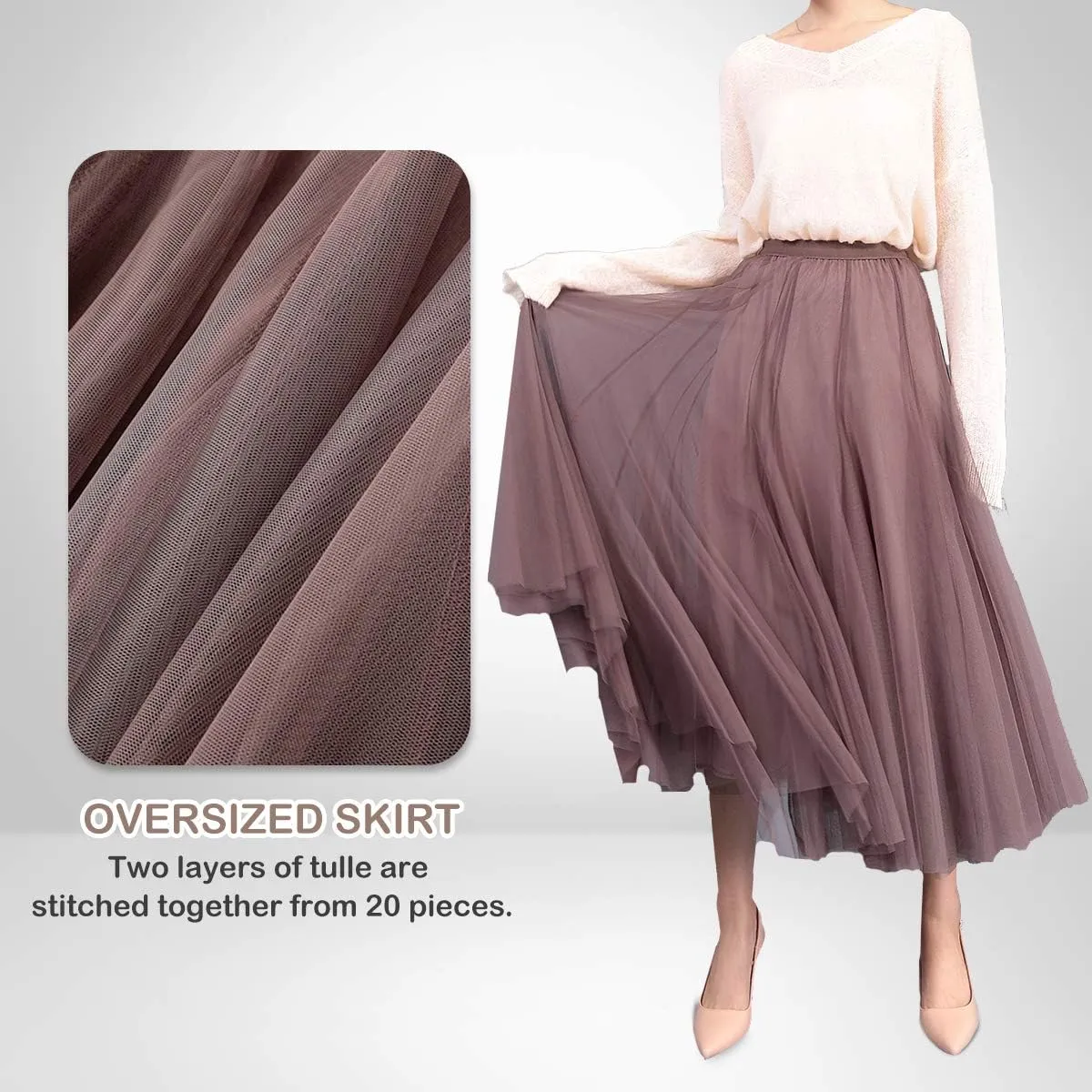 FEOYA Women Tutu Tulle Skirt A-Line Fairy Pleated Elastic Waist Maxi Midi Tea Length Party Evening Summer Casual Skirt