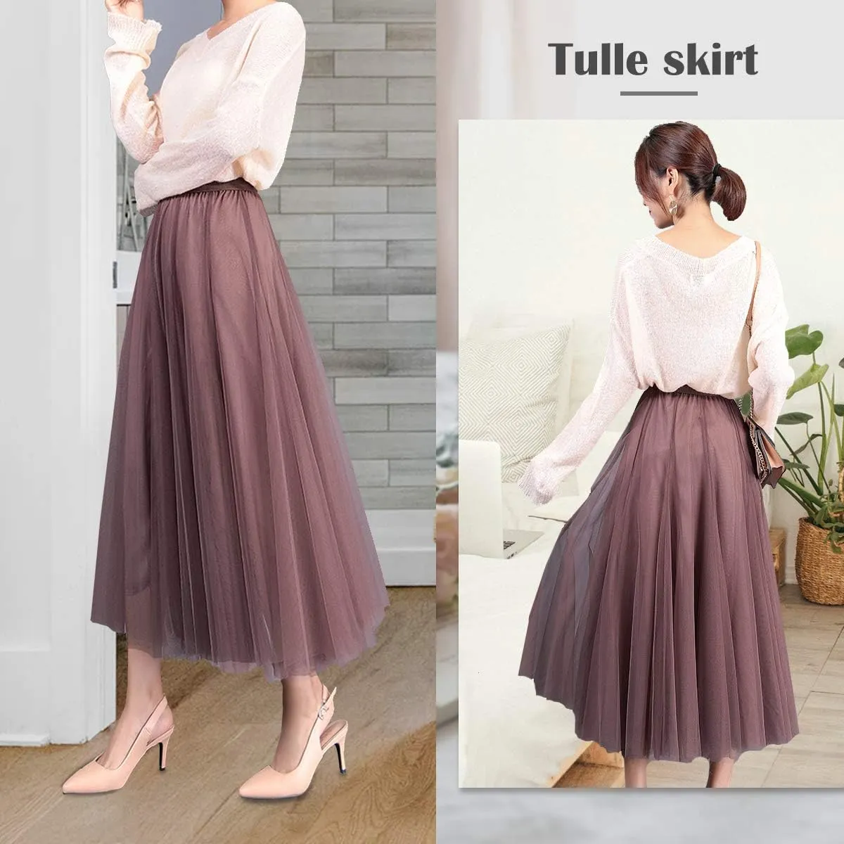 FEOYA Women Tutu Tulle Skirt A-Line Fairy Pleated Elastic Waist Maxi Midi Tea Length Party Evening Summer Casual Skirt