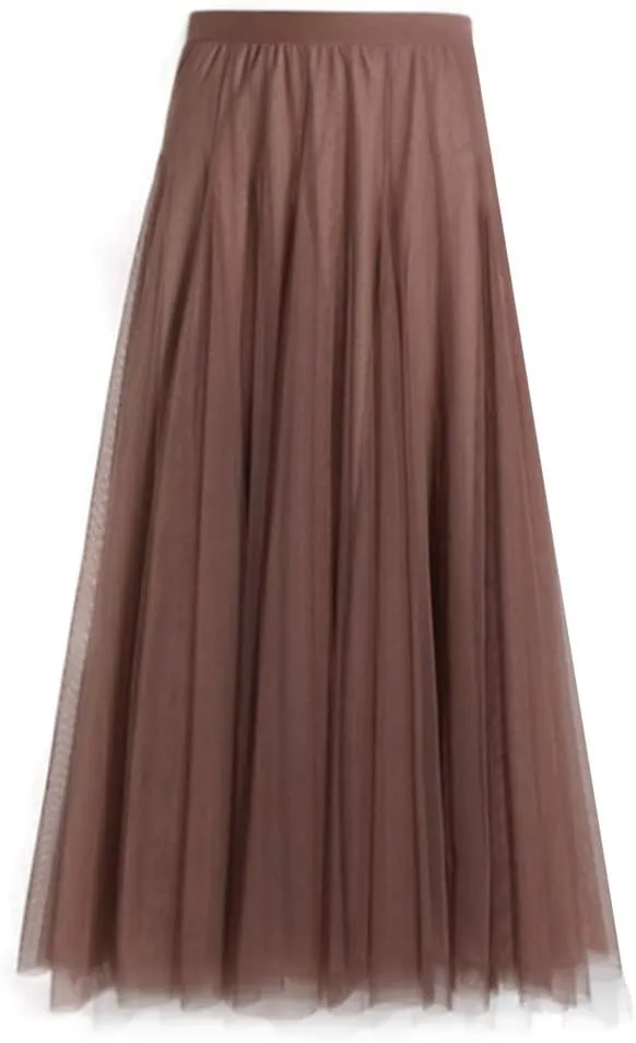 FEOYA Women Tutu Tulle Skirt A-Line Fairy Pleated Elastic Waist Maxi Midi Tea Length Party Evening Summer Casual Skirt