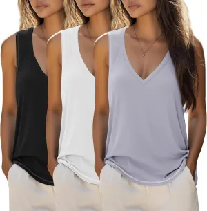 Ficerd 3 Pack Women's Tank Top 2025 Deep V Neck Summer Sleeveless Shirts Cotton Loose Fit Tops Casual Basic Workout Tunic