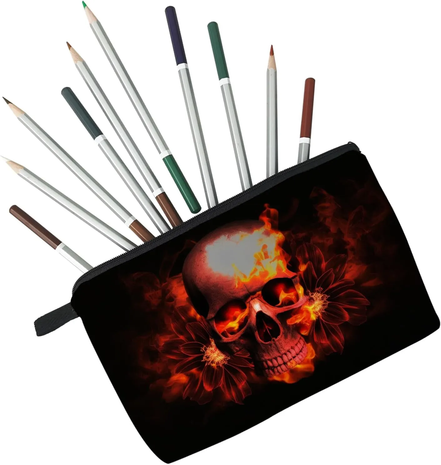 Fire Skull Gift Makeup Bag Cute Small Makeup Organizer Bag Travel Toiletry Zipper Pouch Gothic Skull Skeleton Gifts Fire Skull Cosmetic Bag for Women Girls Friends