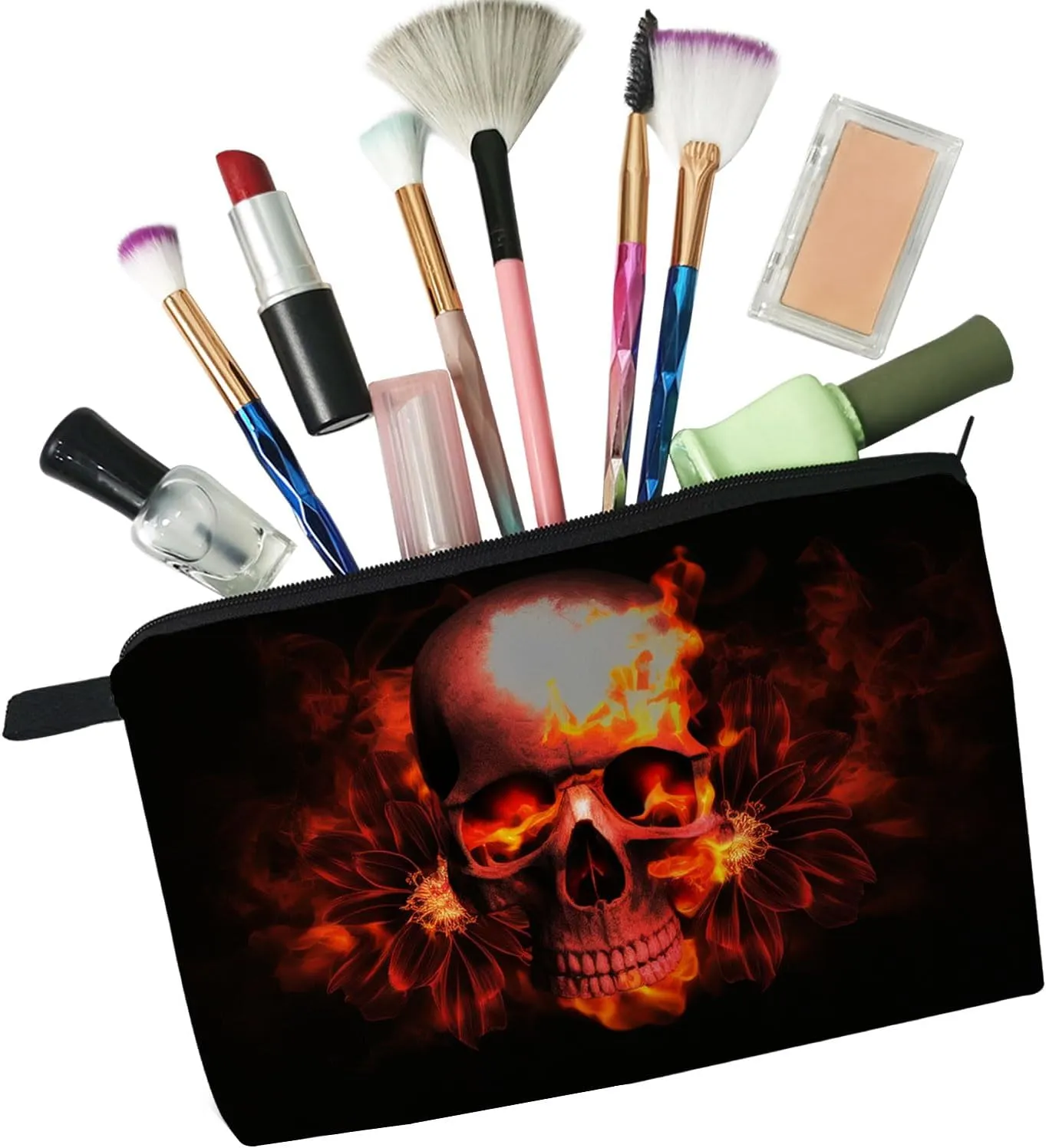 Fire Skull Gift Makeup Bag Cute Small Makeup Organizer Bag Travel Toiletry Zipper Pouch Gothic Skull Skeleton Gifts Fire Skull Cosmetic Bag for Women Girls Friends