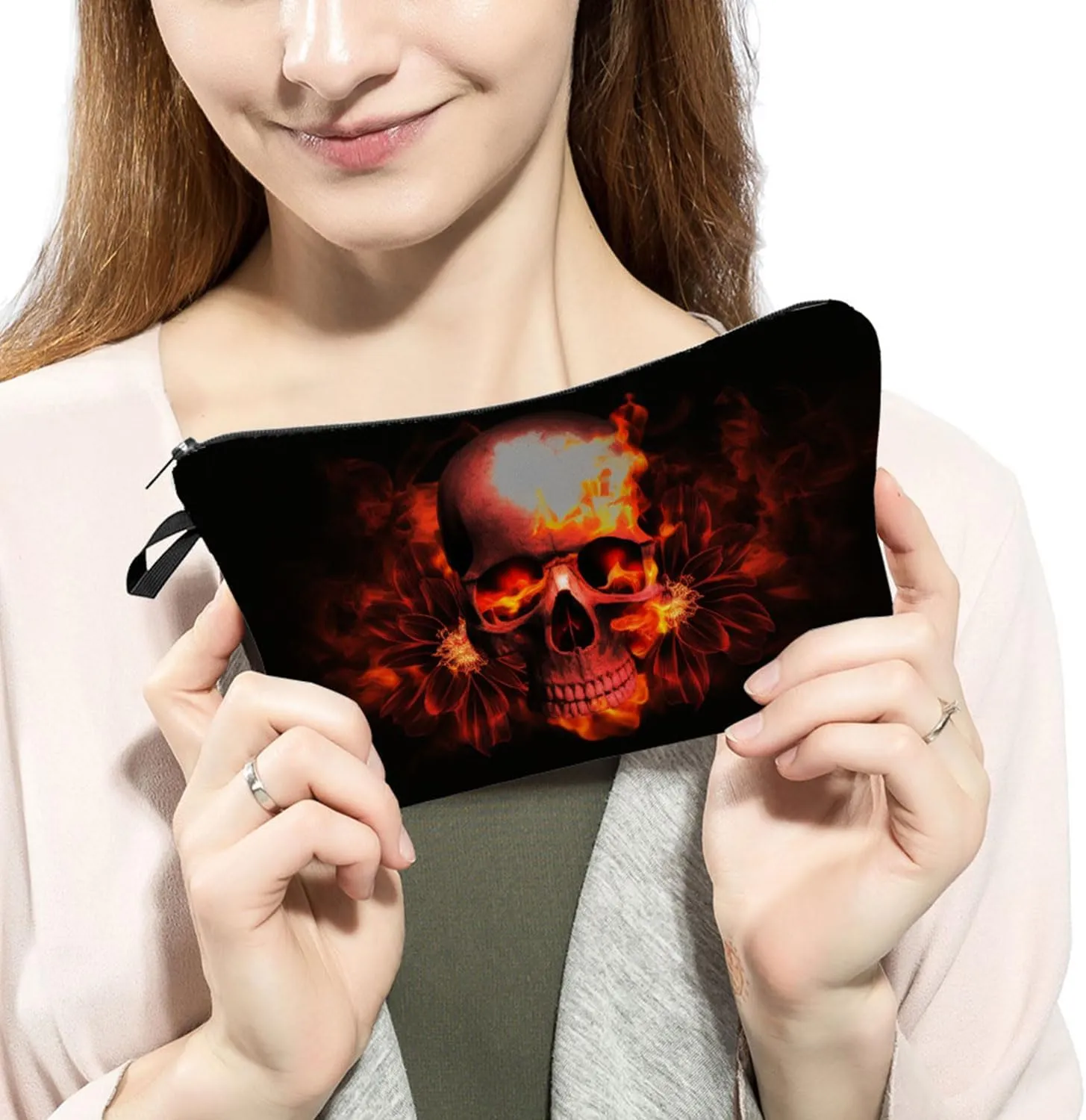 Fire Skull Gift Makeup Bag Cute Small Makeup Organizer Bag Travel Toiletry Zipper Pouch Gothic Skull Skeleton Gifts Fire Skull Cosmetic Bag for Women Girls Friends
