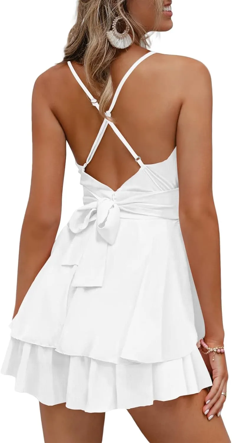 Fixmatti Women Spaghetti Strap Romper V Neck Backless Ruffle Chiffon Shorts Jumpsuit Playsuit