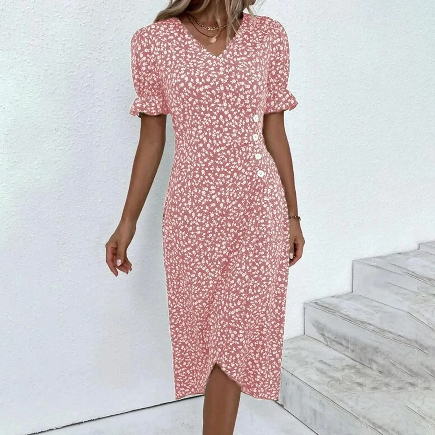 Floral Dresses For Women 2025 Vacation Bubble Sleeve Dress Slit V-neck Button Down Flowy Sundress Trendy Maxi Dress