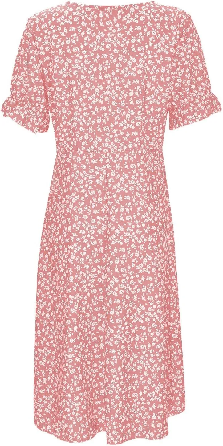 Floral Dresses For Women 2025 Vacation Bubble Sleeve Dress Slit V-neck Button Down Flowy Sundress Trendy Maxi Dress