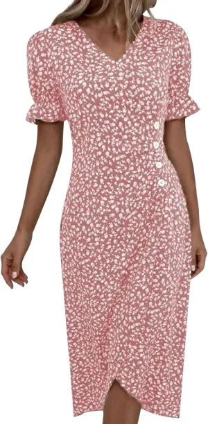 Floral Dresses For Women 2025 Vacation Bubble Sleeve Dress Slit V-neck Button Down Flowy Sundress Trendy Maxi Dress