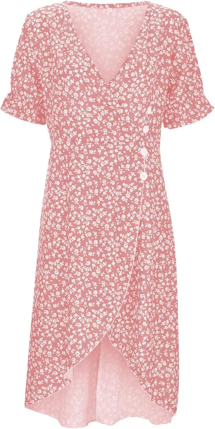 Floral Dresses For Women 2025 Vacation Bubble Sleeve Dress Slit V-neck Button Down Flowy Sundress Trendy Maxi Dress