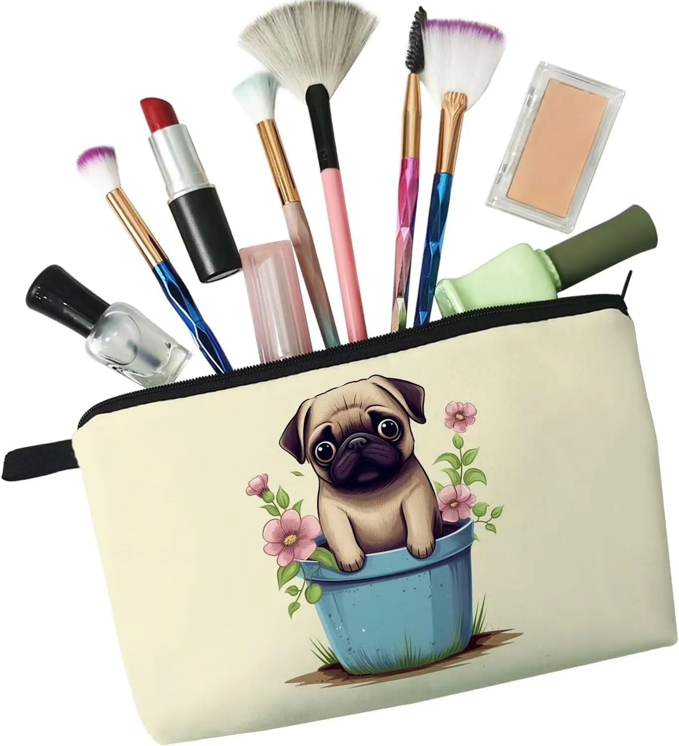 Floral Pug Makeup Bag Cute Small Organizer Zipper Pouch Floral Pug Cosmetic Bag Birthday Present for Women Friends -2