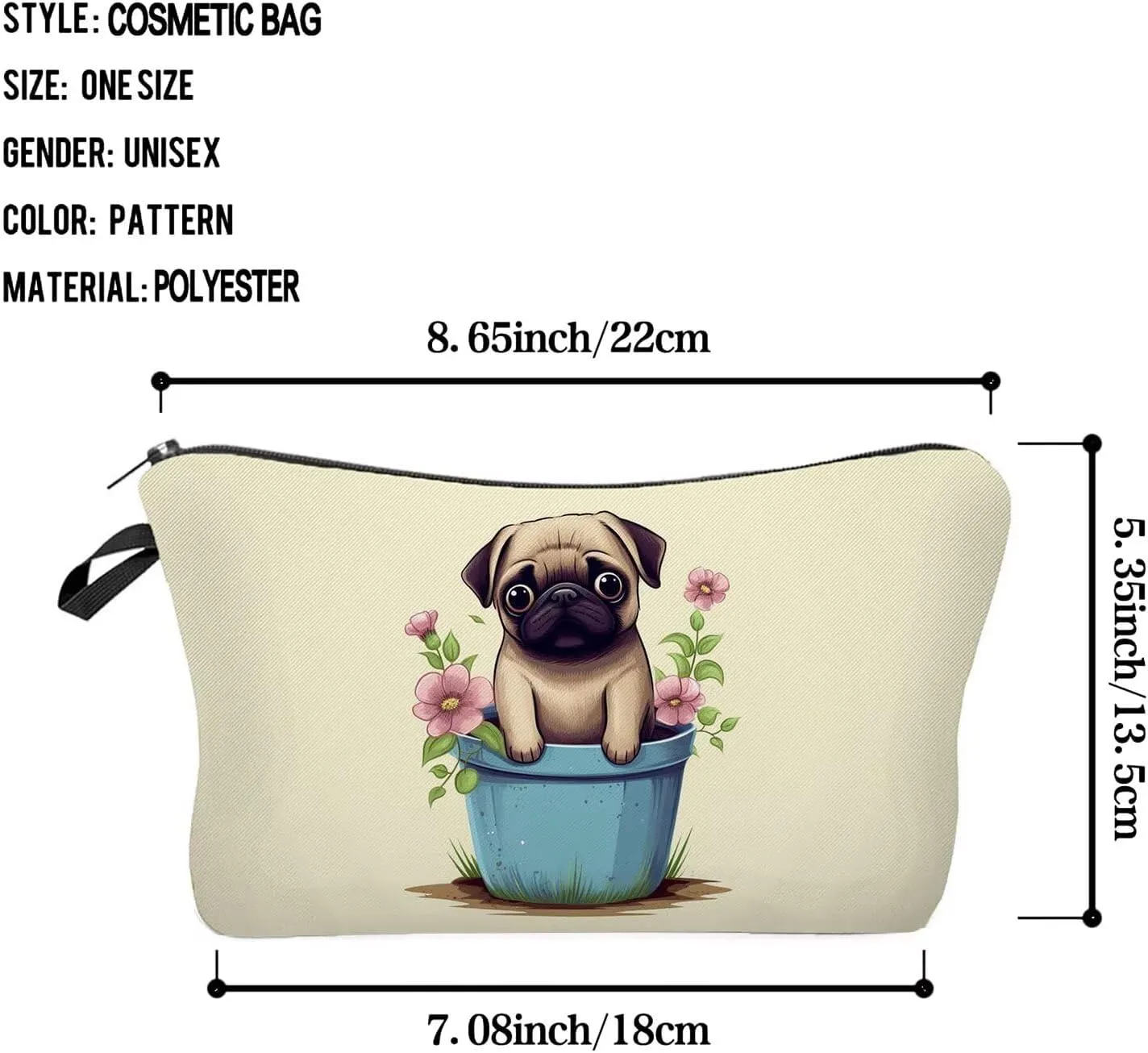 Floral Pug Makeup Bag Cute Small Organizer Zipper Pouch Floral Pug Cosmetic Bag Birthday Present for Women Friends -2