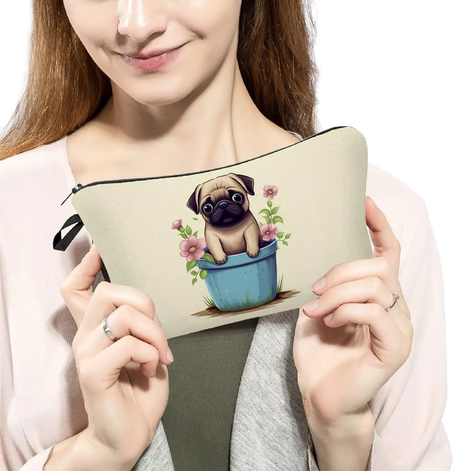Floral Pug Makeup Bag Cute Small Organizer Zipper Pouch Floral Pug Cosmetic Bag Birthday Present for Women Friends -2