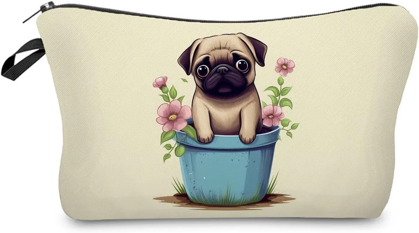 Floral Pug Makeup Bag Cute Small Organizer Zipper Pouch Floral Pug Cosmetic Bag Birthday Present for Women Friends -2