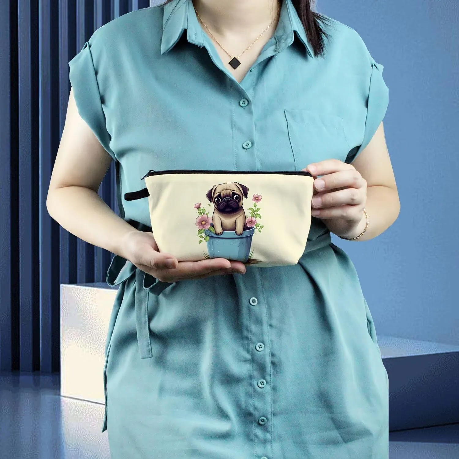 Floral Pug Makeup Bag Cute Small Organizer Zipper Pouch Floral Pug Cosmetic Bag Birthday Present for Women Friends -2