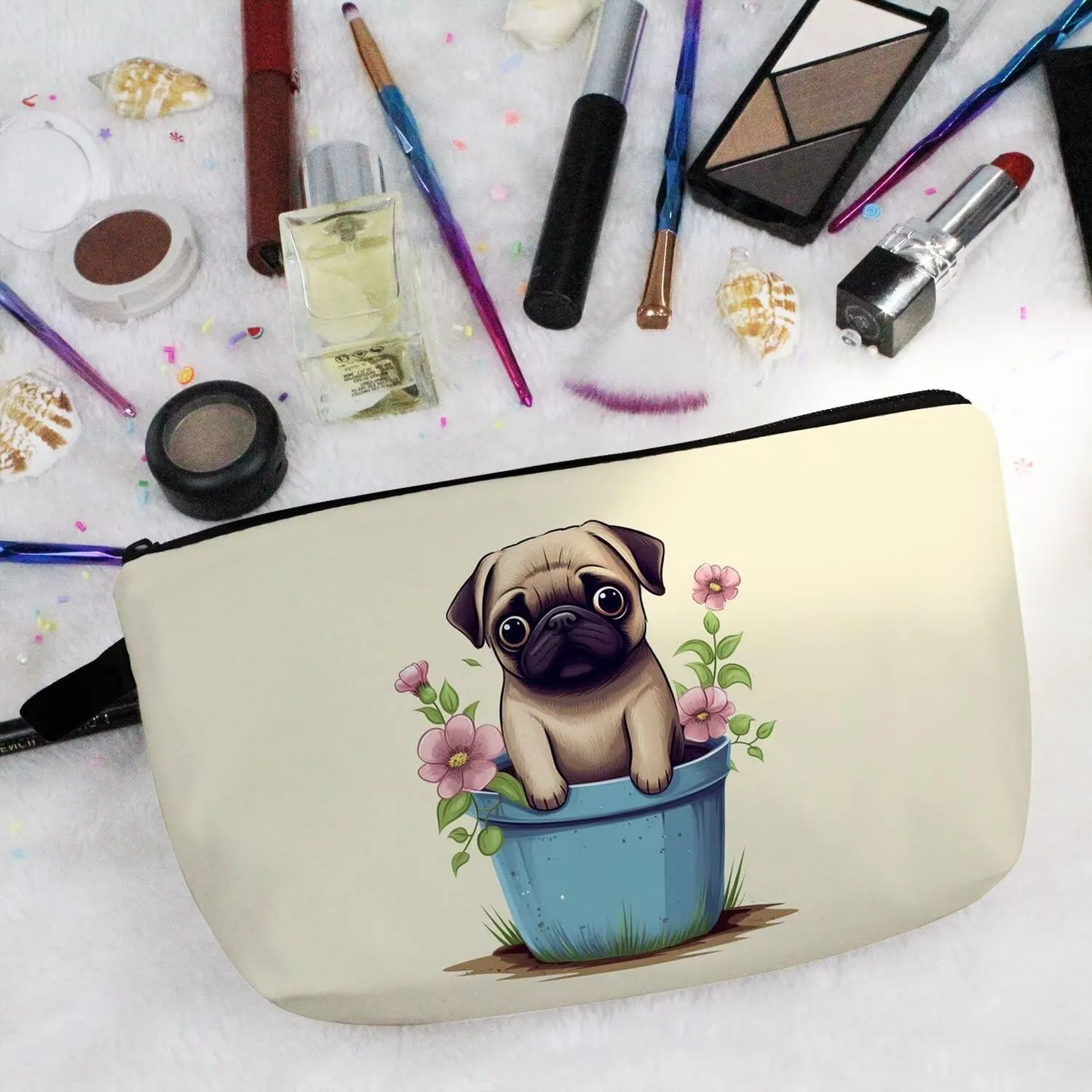 Floral Pug Makeup Bag Cute Small Organizer Zipper Pouch Floral Pug Cosmetic Bag Birthday Present for Women Friends -2