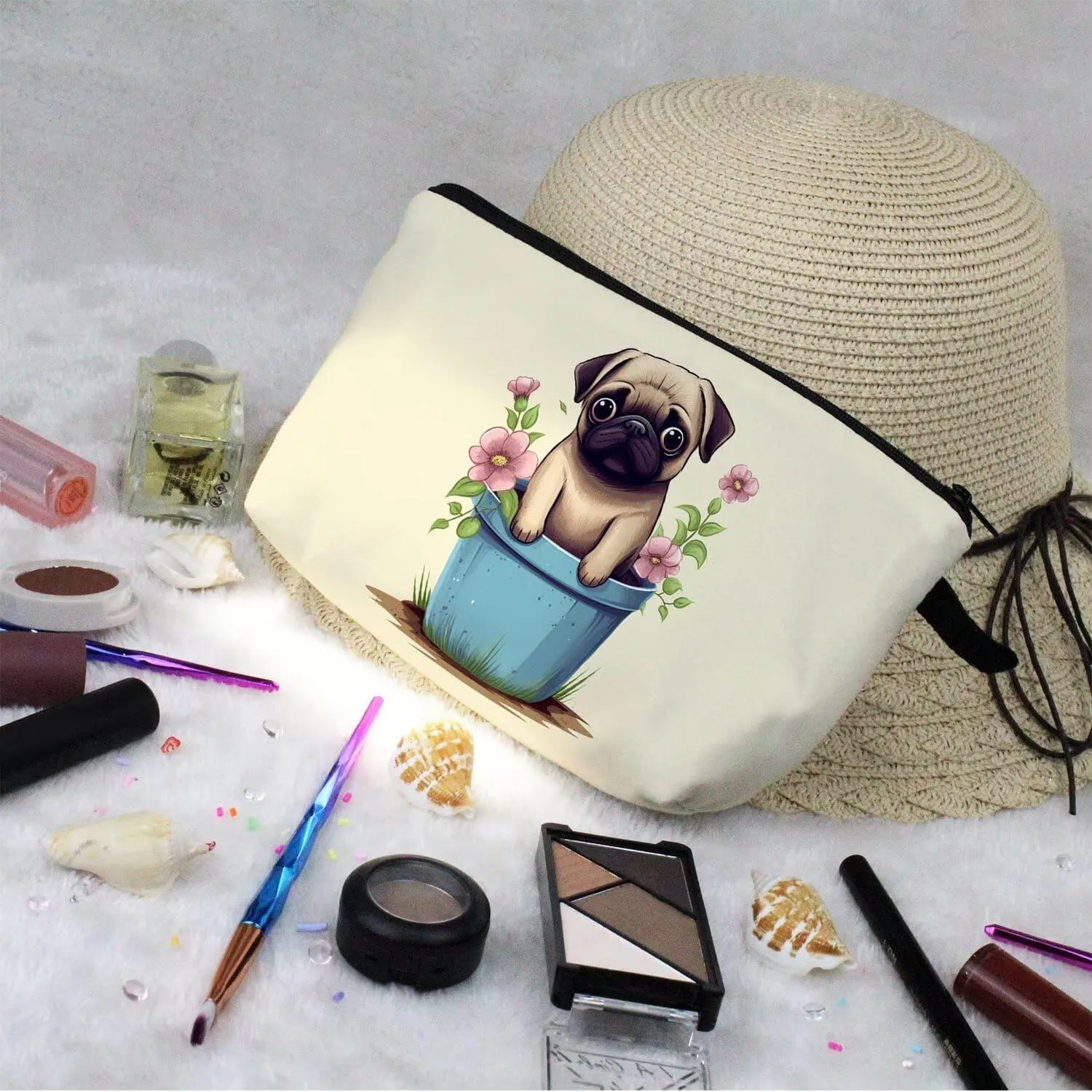 Floral Pug Makeup Bag Cute Small Organizer Zipper Pouch Floral Pug Cosmetic Bag Birthday Present for Women Friends -2