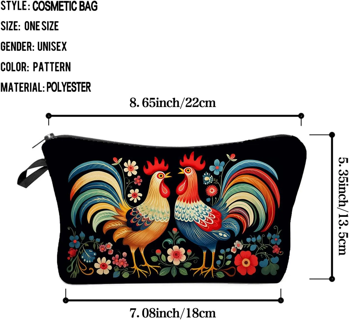 Floral Roosters Makeup Bag Colorful Chicken Small Organizer Bag Zipper Pouch Ethnic Style Roosters Print Cosmetic Bag Present for Women Friends