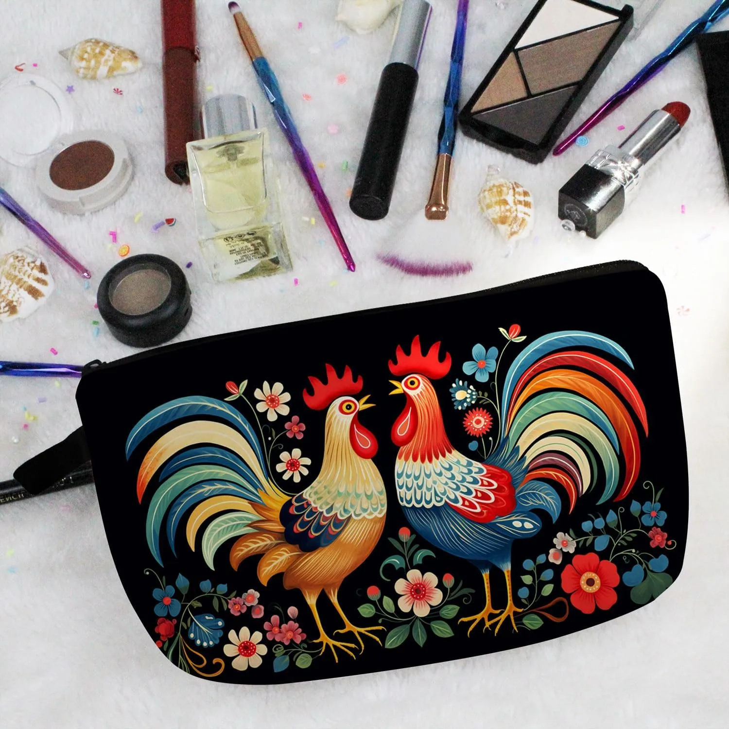 Floral Roosters Makeup Bag Colorful Chicken Small Organizer Bag Zipper Pouch Ethnic Style Roosters Print Cosmetic Bag Present for Women Friends