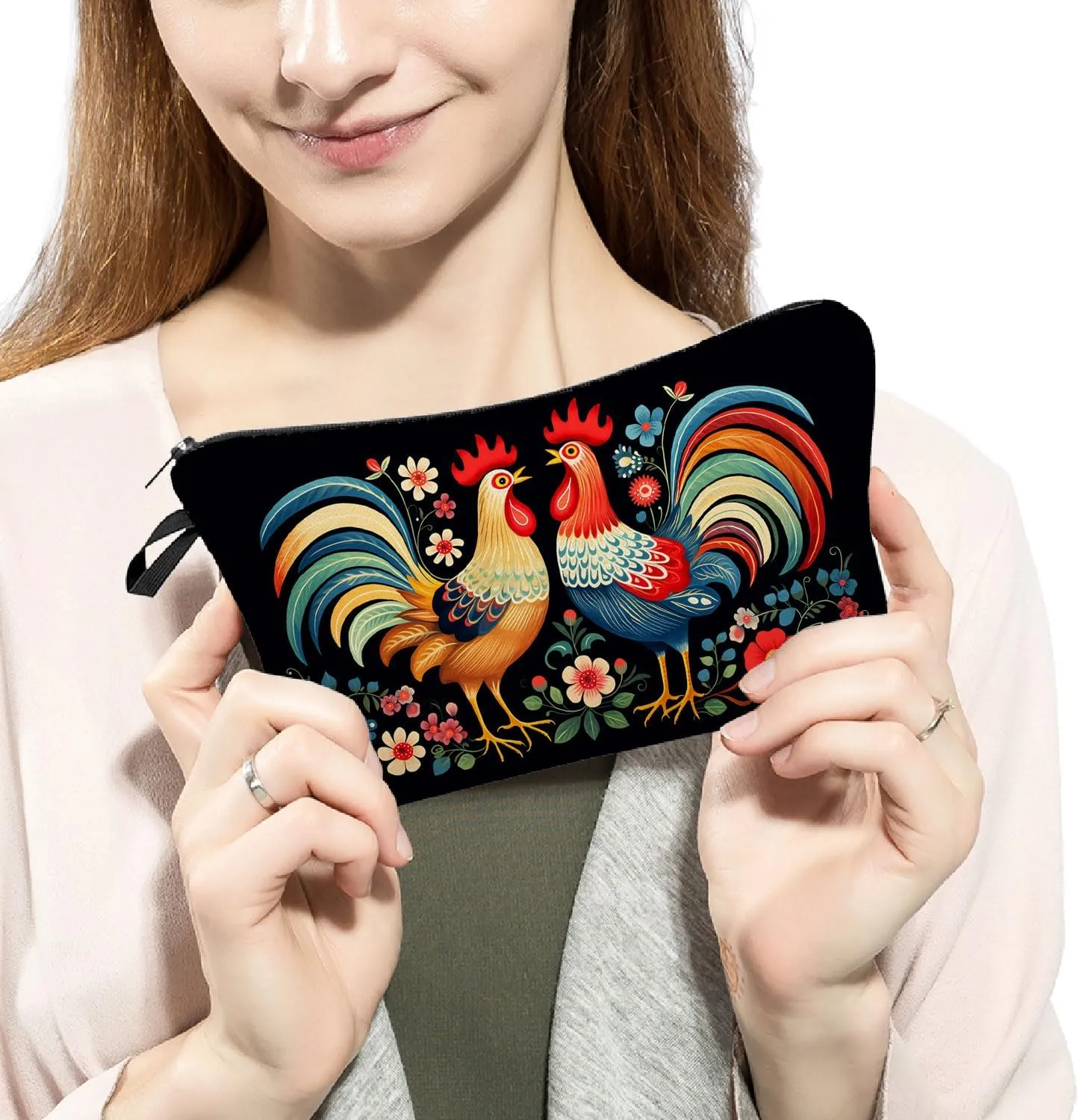 Floral Roosters Makeup Bag Colorful Chicken Small Organizer Bag Zipper Pouch Ethnic Style Roosters Print Cosmetic Bag Present for Women Friends