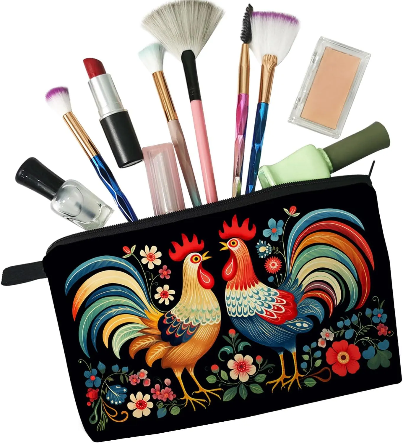 Floral Roosters Makeup Bag Colorful Chicken Small Organizer Bag Zipper Pouch Ethnic Style Roosters Print Cosmetic Bag Present for Women Friends