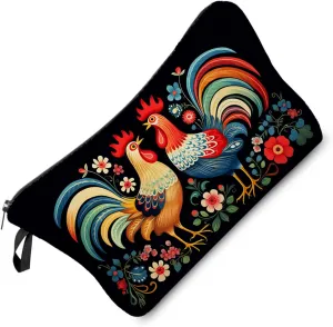 Floral Roosters Makeup Bag Colorful Chicken Small Organizer Bag Zipper Pouch Ethnic Style Roosters Print Cosmetic Bag Present for Women Friends