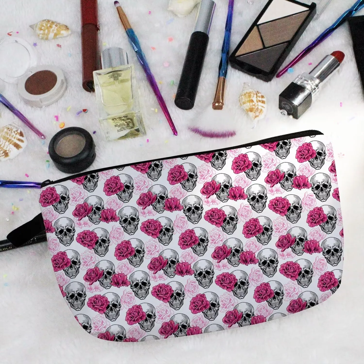 Floral Skull Cosmetic Bag Cute Small Makeup Bag Travel Toiletry Organizer Zipper Pouch Pink Floral Skull Halloween Birthday Present for Women Friends