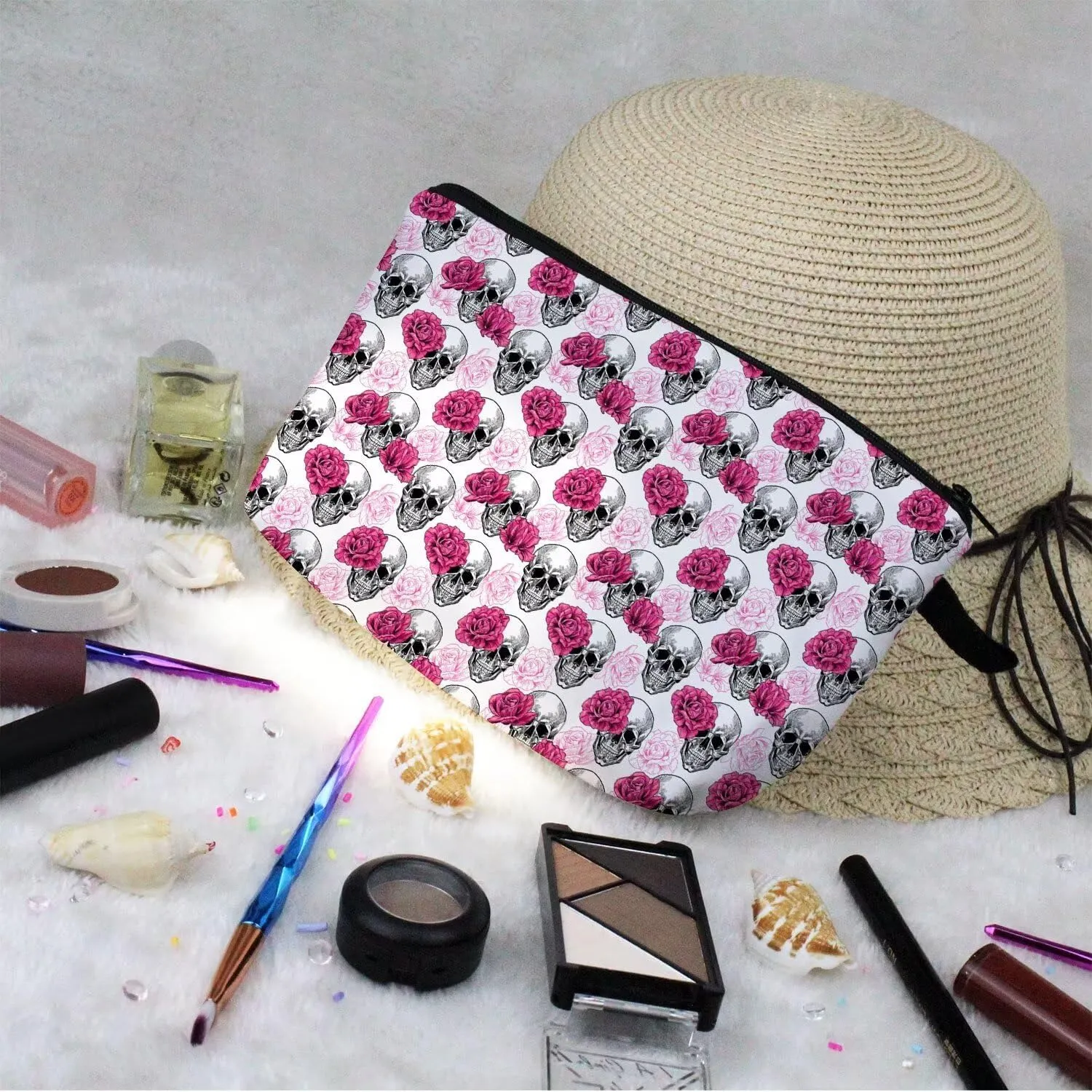 Floral Skull Cosmetic Bag Cute Small Makeup Bag Travel Toiletry Organizer Zipper Pouch Pink Floral Skull Halloween Birthday Present for Women Friends