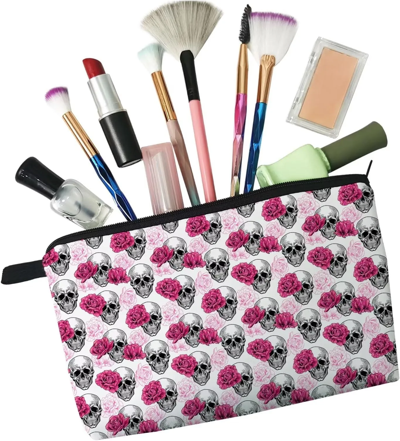 Floral Skull Cosmetic Bag Cute Small Makeup Bag Travel Toiletry Organizer Zipper Pouch Pink Floral Skull Halloween Birthday Present for Women Friends