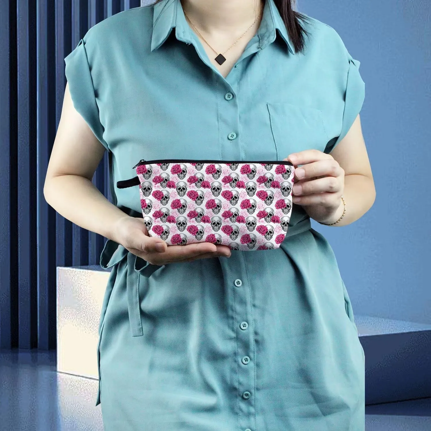 Floral Skull Cosmetic Bag Cute Small Makeup Bag Travel Toiletry Organizer Zipper Pouch Pink Floral Skull Halloween Birthday Present for Women Friends