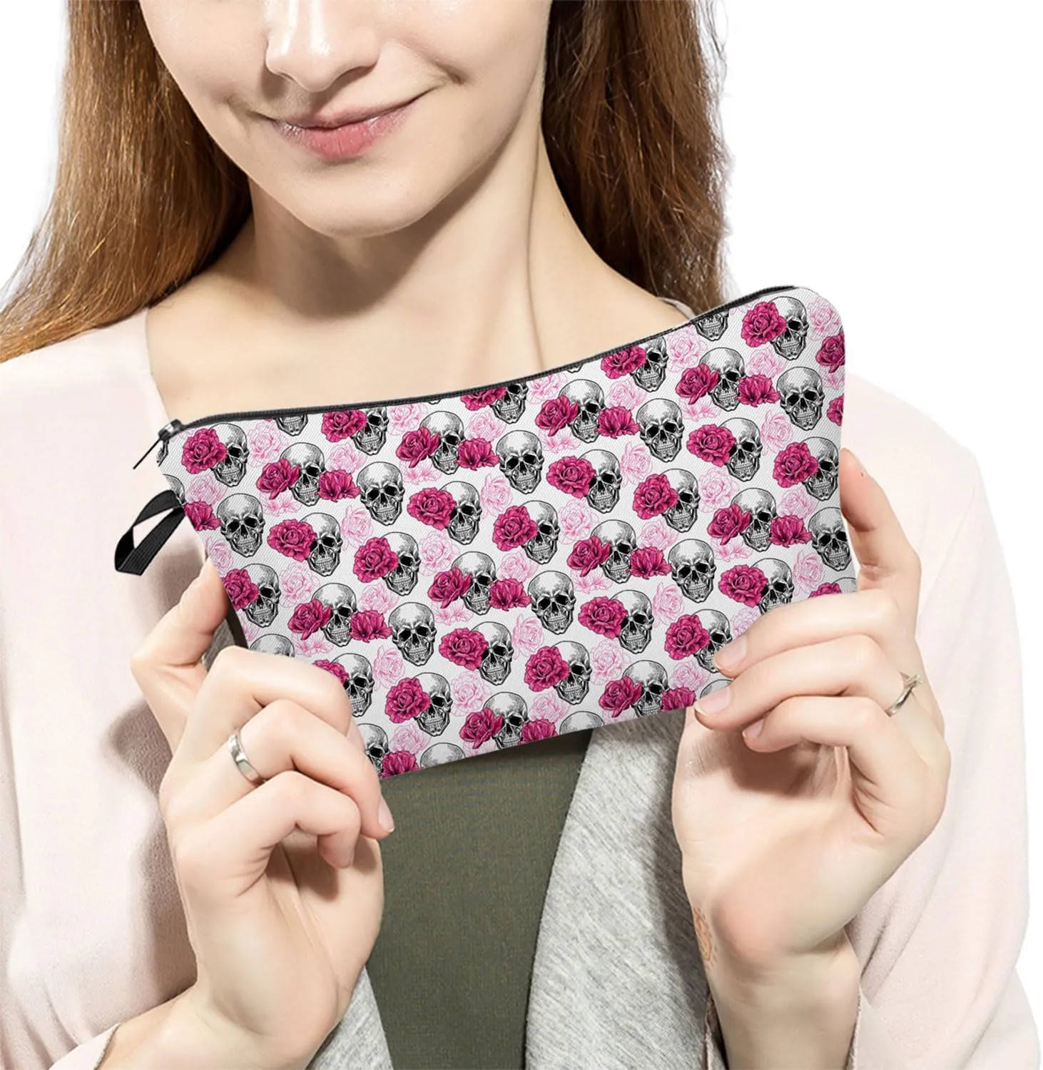 Floral Skull Cosmetic Bag Cute Small Makeup Bag Travel Toiletry Organizer Zipper Pouch Pink Floral Skull Halloween Birthday Present for Women Friends