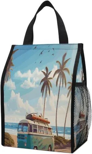 Foldable Cooler Bag, Beach Bus Printed Cooler Bag,Insulated Tote Bag,Grocery Tote Bag