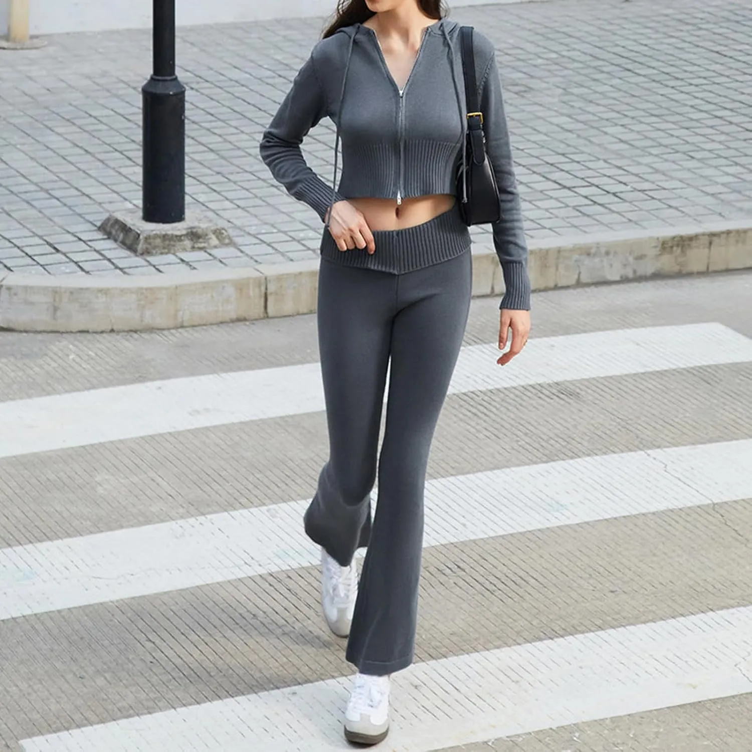 FOMOYUU Women Ribbed Knit 2 Piece Outfits Long Sleeve Zip Up Crop Jacket   High Waist Flare Skinny Pants Loungewear Sets